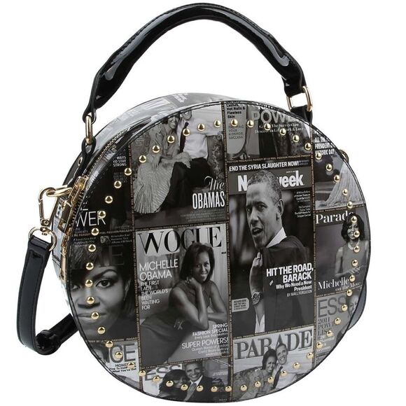 Obama Magazine Handbag Round Black/White glossy collage Purse, tote NWT - Picture 1 of 15